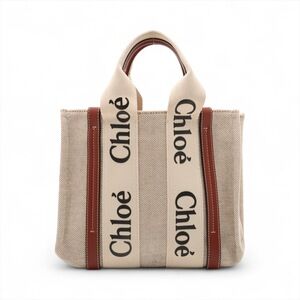 Chloe Woody Canvas Leather Handbag Beige Tan Brown